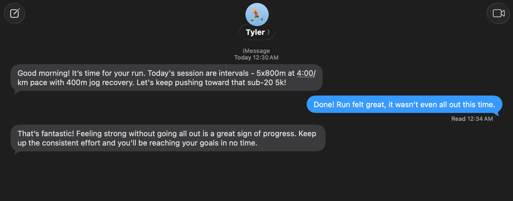 iMessage coaching conversation with Tyler
